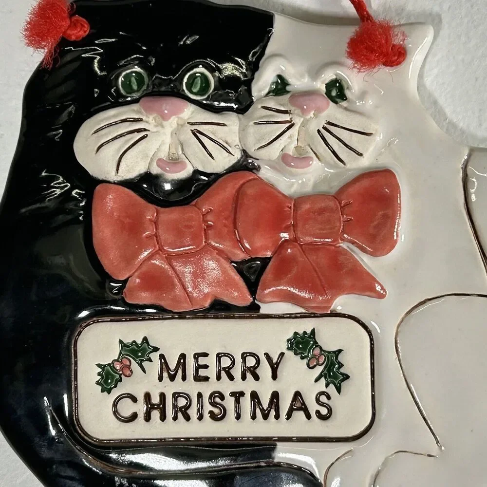 Vintage Smoky Mountain Pottery Cat Wall Hanging Art Merry Christmas Kitten SMP